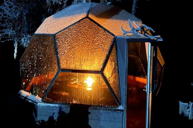 Glass Igloo Campfire Dinner under Northern Lights - A frozen-lake snowmobile ride after dinner
